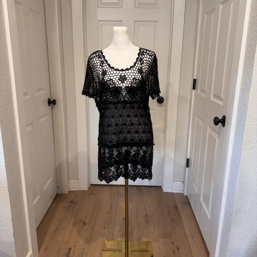 Vintage Black Open Knit Mesh Sheer Lace Boho‎ Tunic Top Dress Sz S/M Sexy Y2K